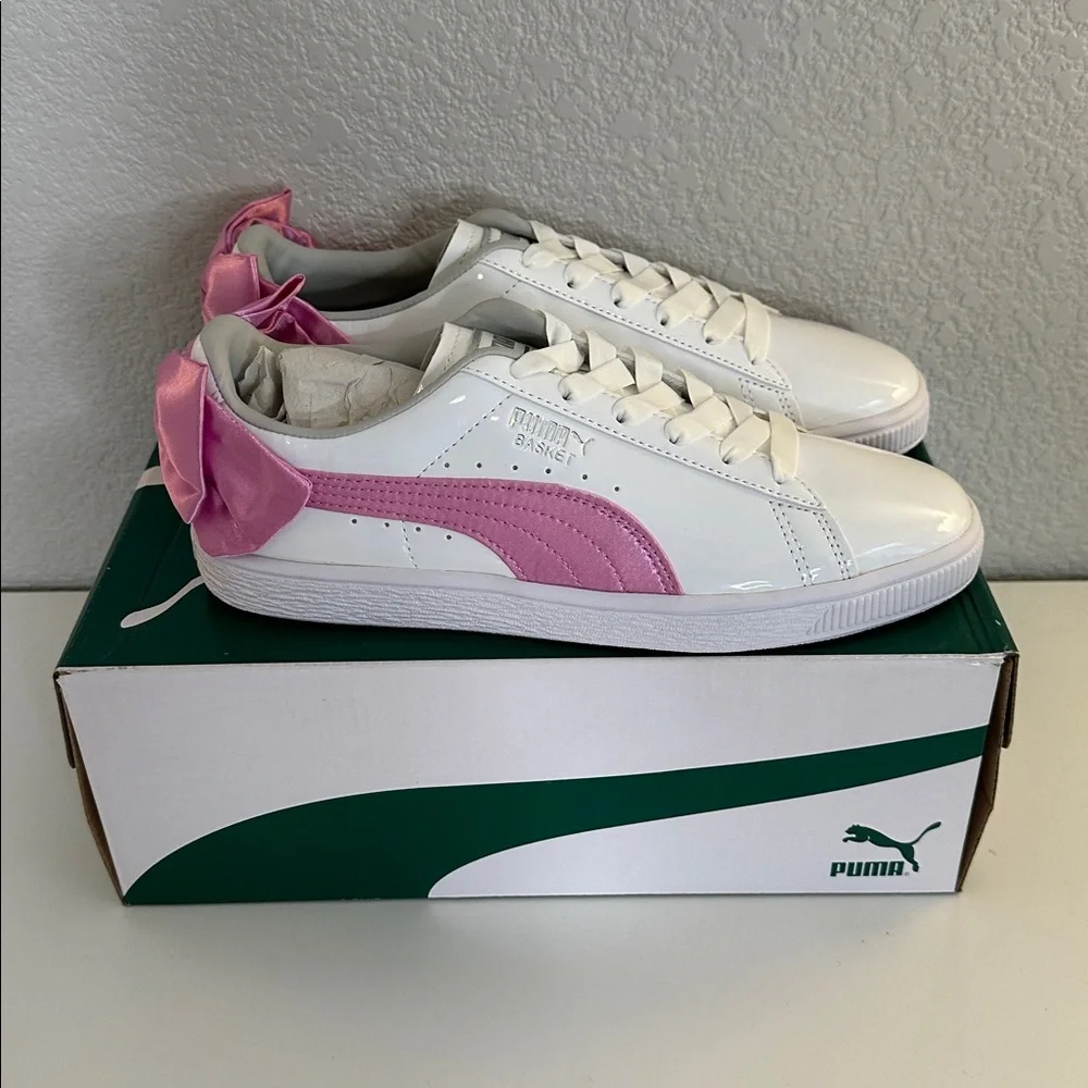 Puma Basket Low Varsity Bow Shoes Patent Leather White Orchid Gray Junior Size 5